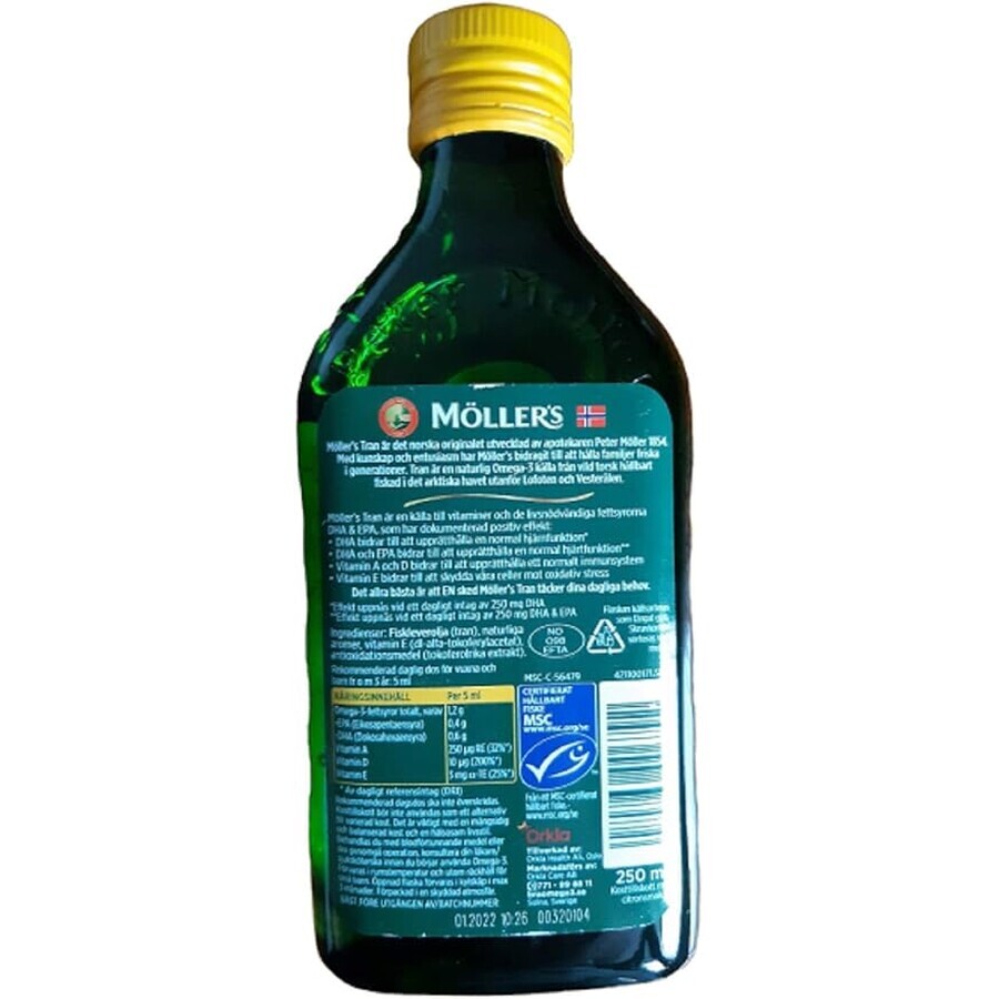 Moller's Gold Norwegian Fish Oil, aromă de lămâie, 250 ml