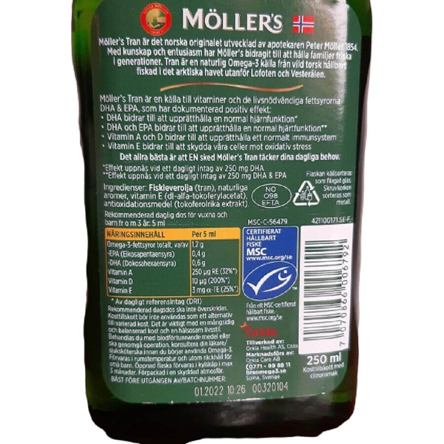 Moller's Gold Norwegian Fish Oil, aromă de lămâie, 250 ml