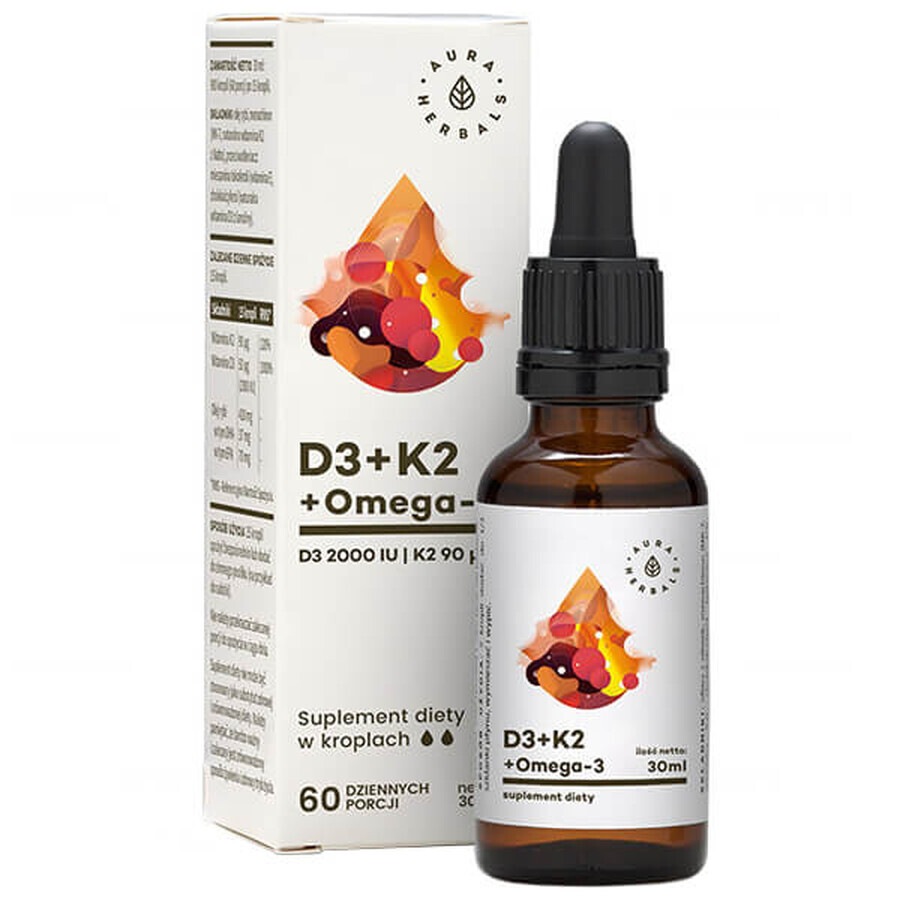 Aura Herbals D3 + K2 MK7 + Omega 3 picături, 30 ml