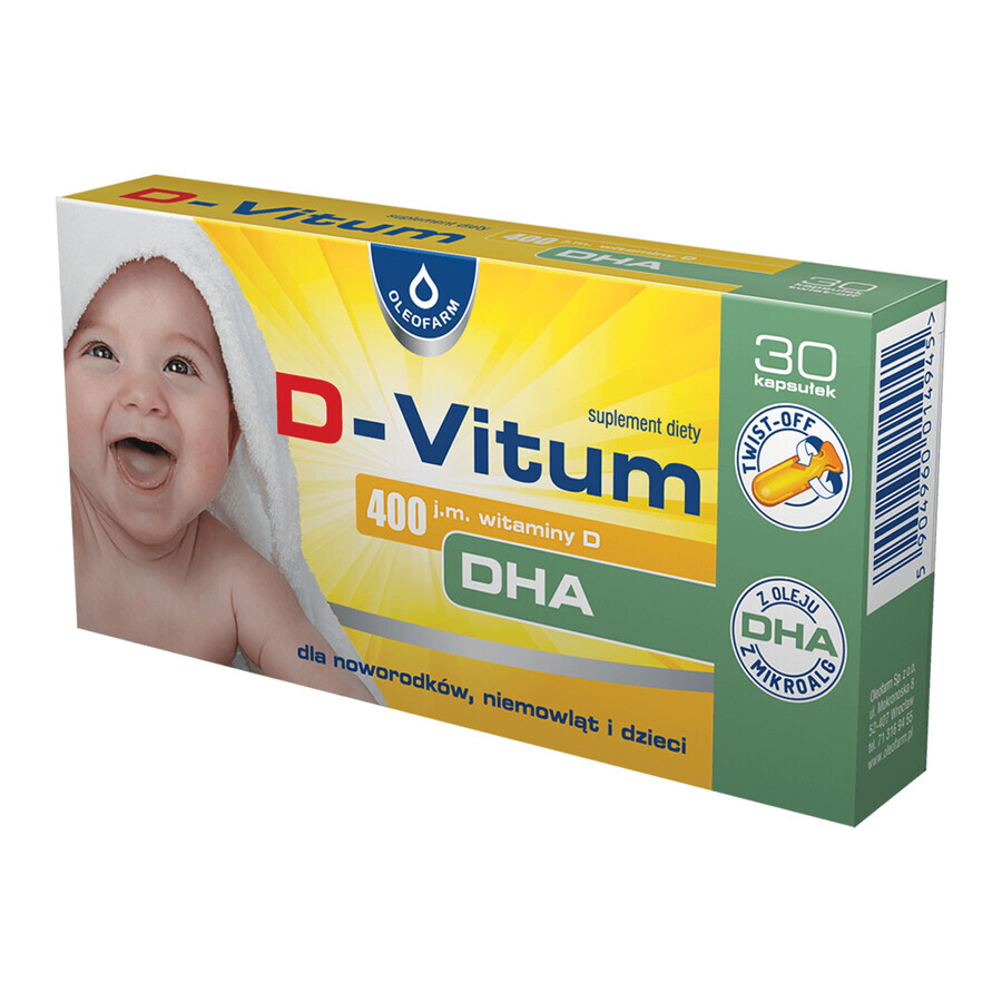 D-Vitum, vitamina D + DHA pentru nou-născuți, sugari și copii 400 UI, 30 de capsule cu răsucire