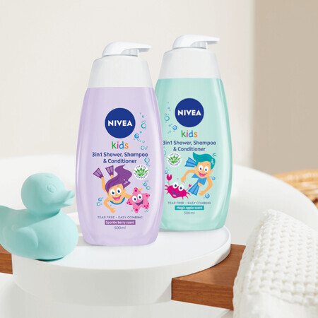 Nivea Kids, Gel de curățare 3 în 1 pentru corp și păr cu balsam, cu aromă de caramel de fructe, 500 ml