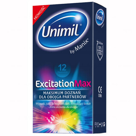 Unimil Excitation Max, prezervative cu nervuri, cu piping și gel de încălzire, 12 bucăți