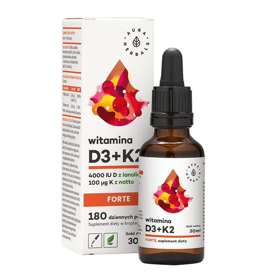 Aura Herbals Vitamin D3 4000 UI + K2 100 µg Forte, picături, 30 ml