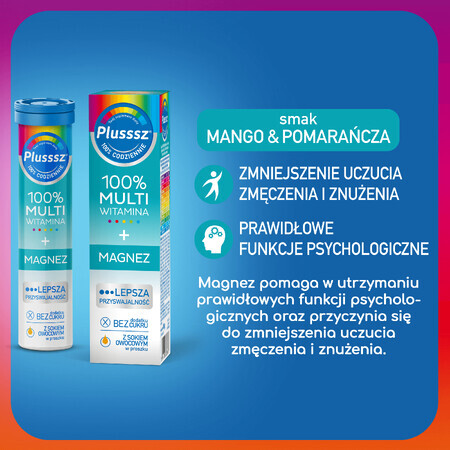 Plusssz 100% Multivitamine + Magneziu, aromă mango-portocaliu, 20 comprimate efervescente