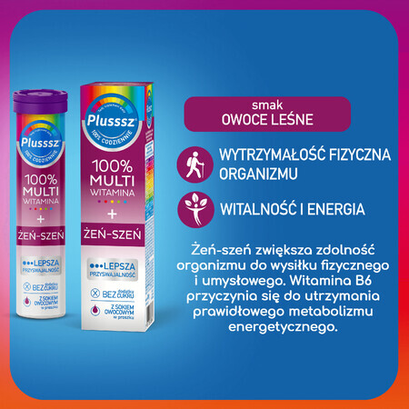 Plusssz 100% Multivitamine + Ginseng, aromă de fructe de pădure, 20 comprimate efervescente