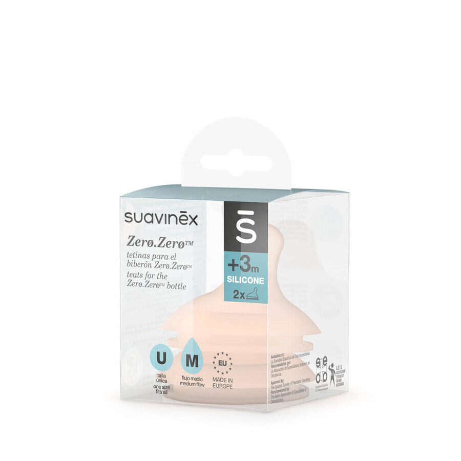 Suavinex Zero Zero Zero, tetină pentru biberon, silicon, anti-colic, debit mediu, de la 3 luni, 2 bucăți