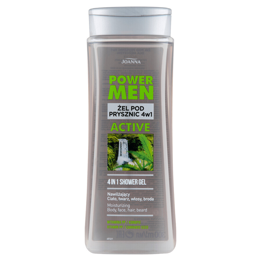 Joanna Power Men, gel de ducha activo 4 en 1 para hombre, vitamina PP, cáñamo, 300 ml