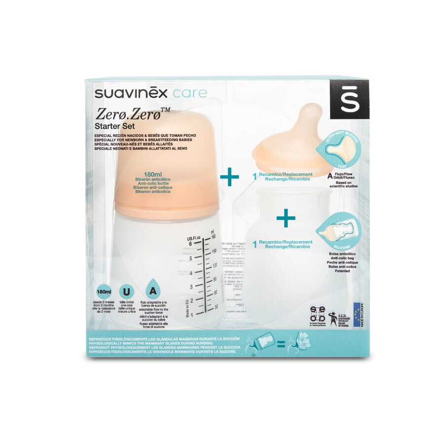 Suavinex Zero Zero set, biberon anti-colique, avec tétine à débit réglable et pochette de rechange, dès la naissance, 180 ml