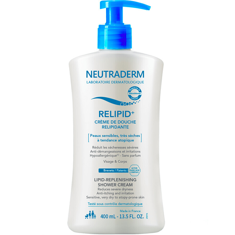 Neutraderm Relipid+, Cremă de curățare cu restaurare a lipidelor pentru față și corp, ten sensibil, foarte uscat și atopic, 400 ml