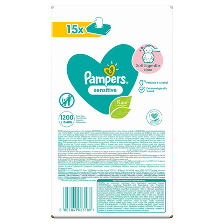 Pampers Sensitive, șervețele umede, 15 x 80 buc.