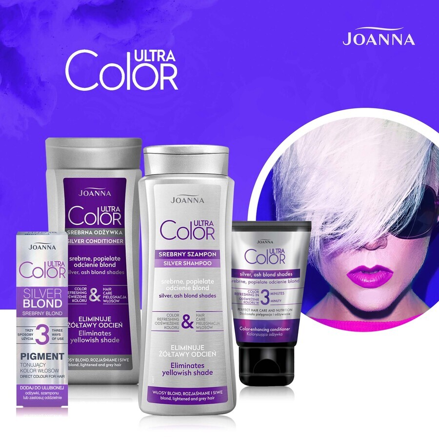 Joanna Ultra Color, balsam argintiu pentru părul blond, decolorat și cărunt, nuanțe de blond cenușiu argintiu, 200 g