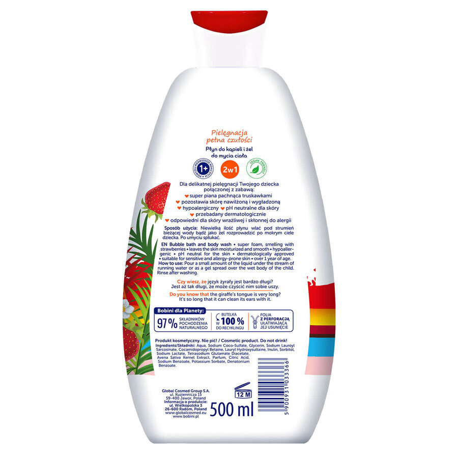 Bobini Fun, loțiune de baie și gel de spălare a corpului, căpșuni, 500 ml