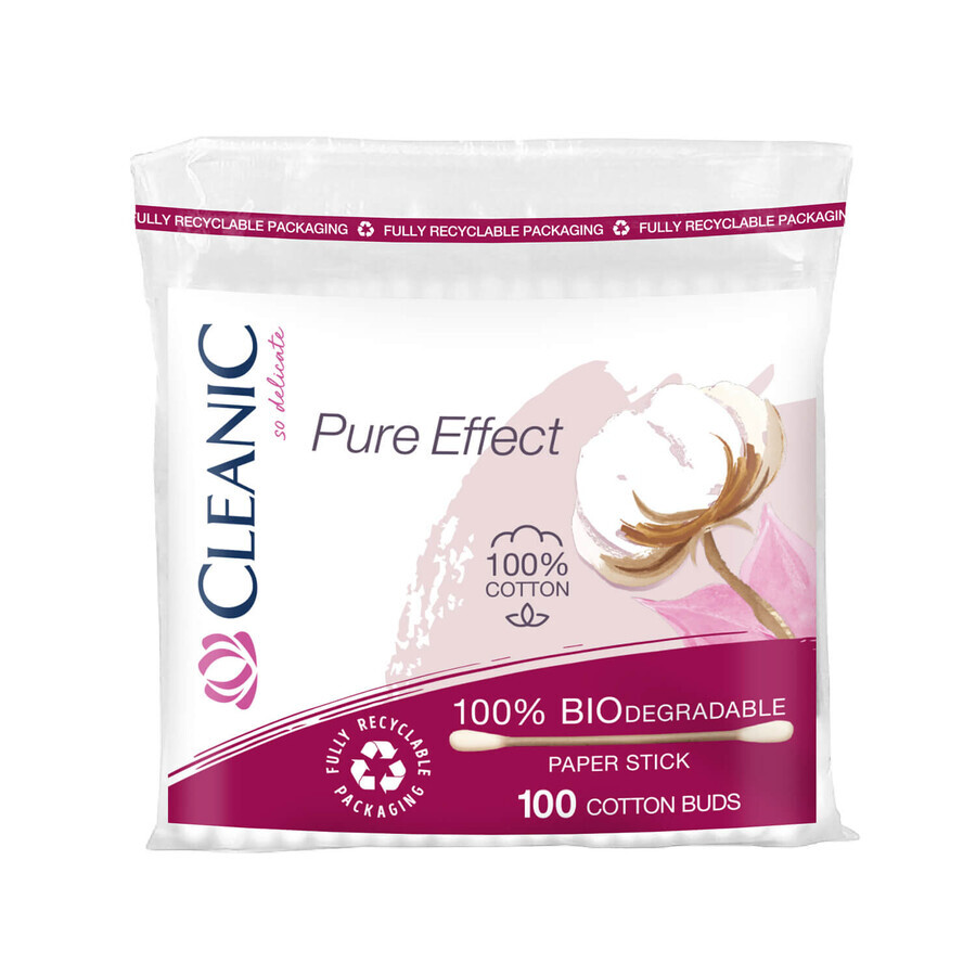 Cleanic Pure Effect, bețișoare de bumbac biodegradabile, 100% bumbac, în folie, 100 bucăți