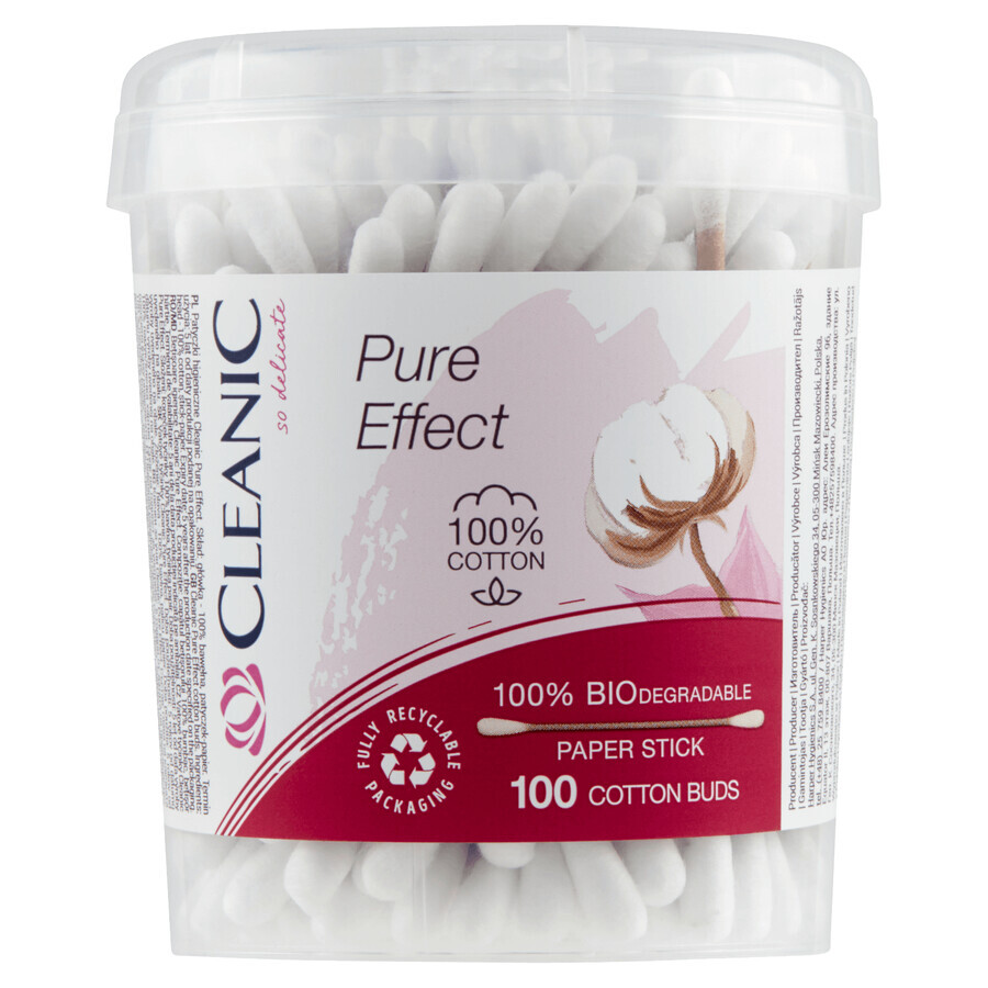 Cleanic Pure Effect, bețișoare de bumbac biodegradabile, 100% bumbac, 100 bucăți
