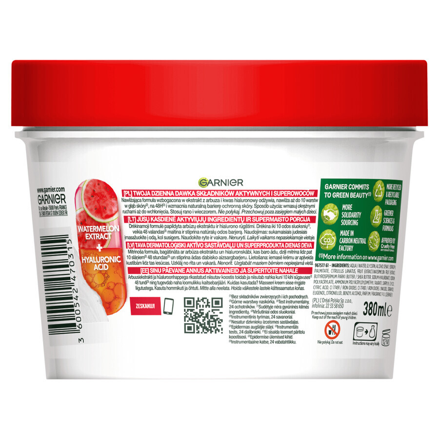 Garnier Body Superfood, Gel-cremă hidratant cu pepene galben și acid hialuronic, 380 ml