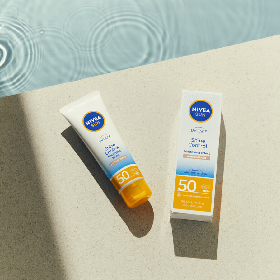 Nivea Sun UV Face Shine Control, Cremă de față matifiantă cu protecție ridicată, Mediu colorată, SPF 50, 50 ml