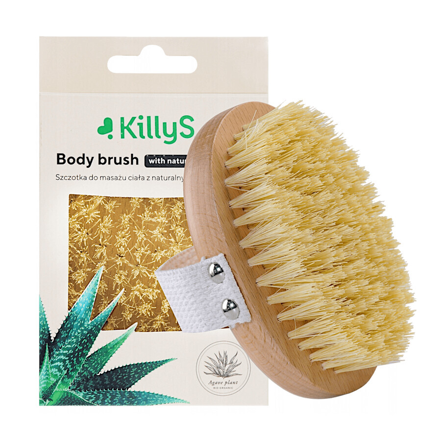 KillyS, perie de masaj pentru corp uscat din lemn cu peri naturali de agave