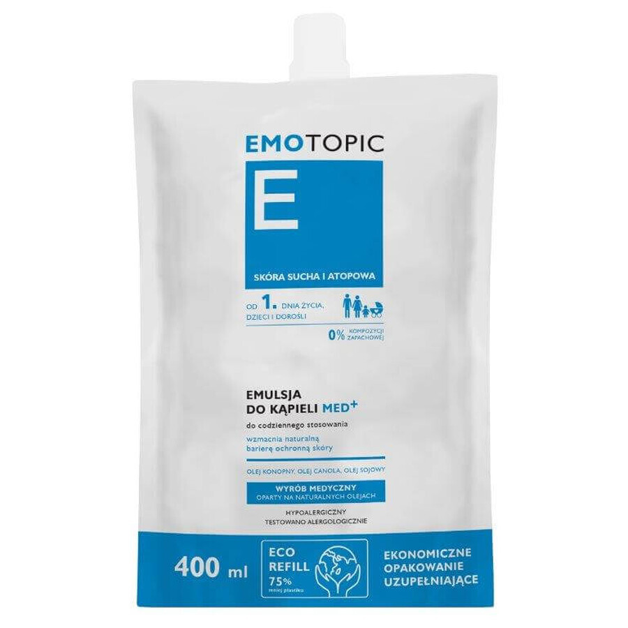 Emulsie de baie Emotopic med+, din ziua 1, piele uscată și atopică, reumplere, 400 ml