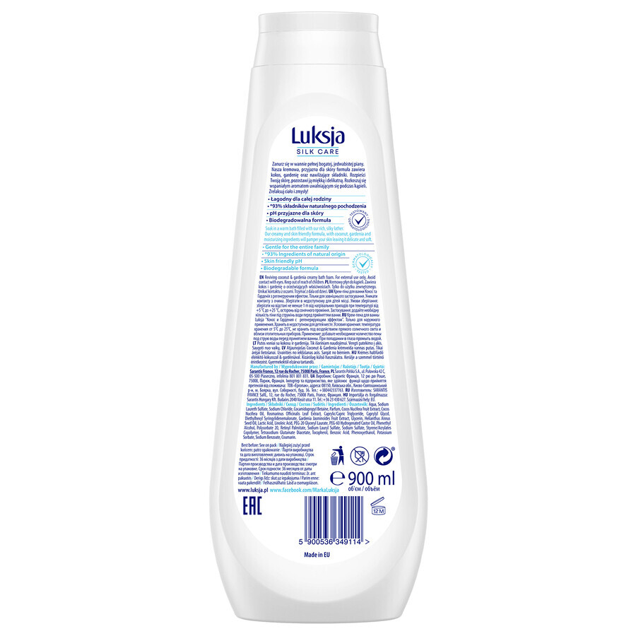 Luksja Silk Care Reviving, romige badvloeistof, kokosnoot en gardenia, 900 ml