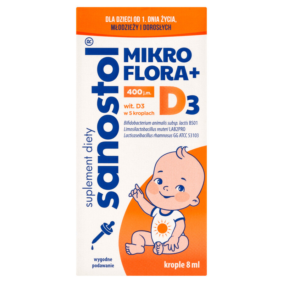 Sanostol Microflora + D3, din ziua 1, picături, 8 ml