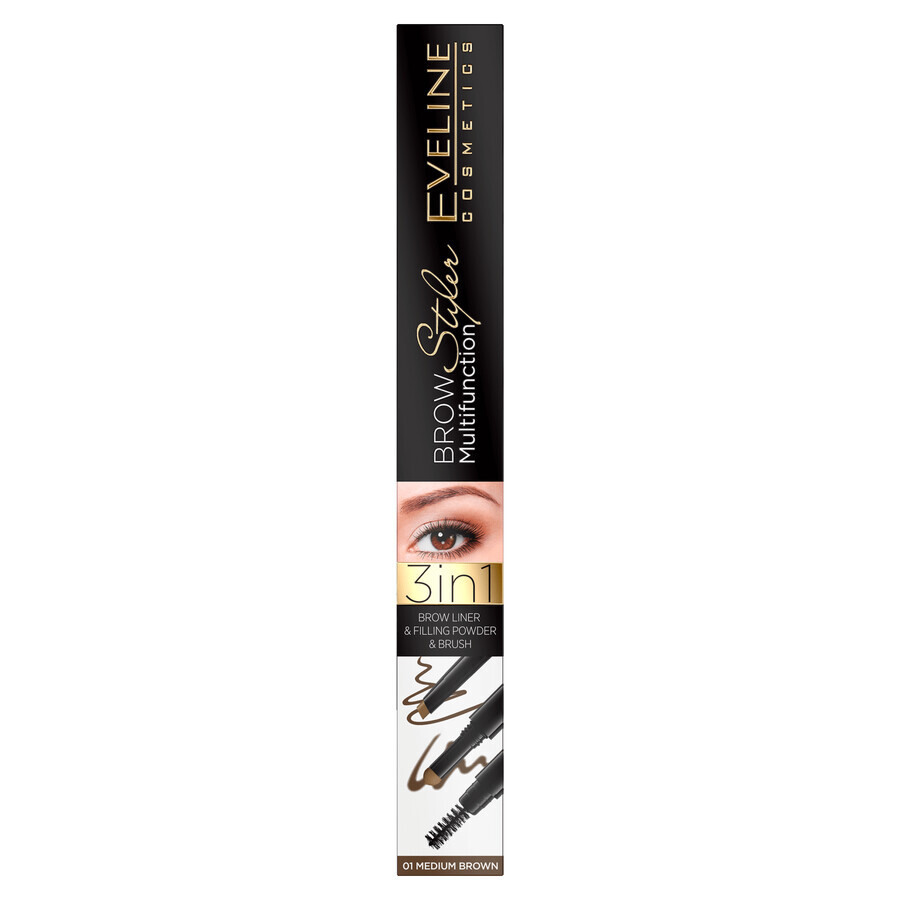 Eveline Cosmetics Brow Multifunction Styler, creion de sprâncene 3 în 1, 01 Medium Brown, 3 g