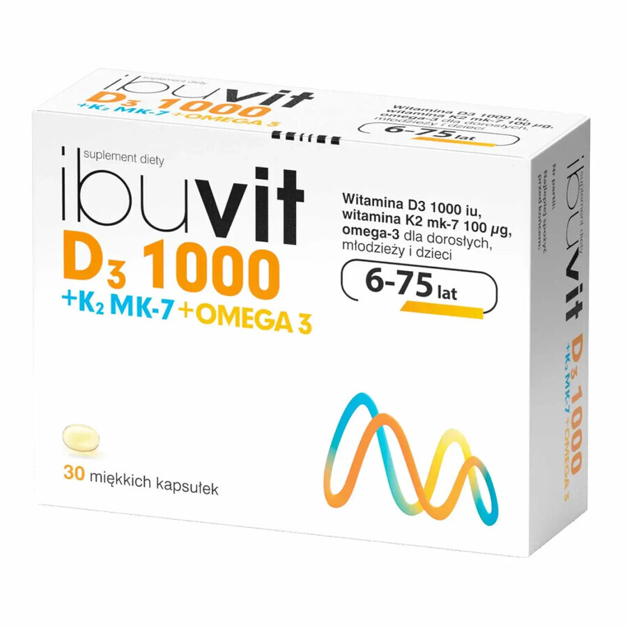 Ibuvit D3 1000 + K2 MK-7 Omega 3, pentru copii peste 6 ani, adolescenți și adulți, 30 capsule