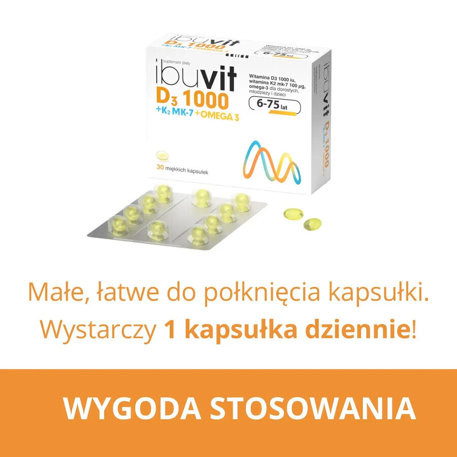 Ibuvit D3 1000 + K2 MK-7 Omega 3, pentru copii peste 6 ani, adolescenți și adulți, 30 capsule