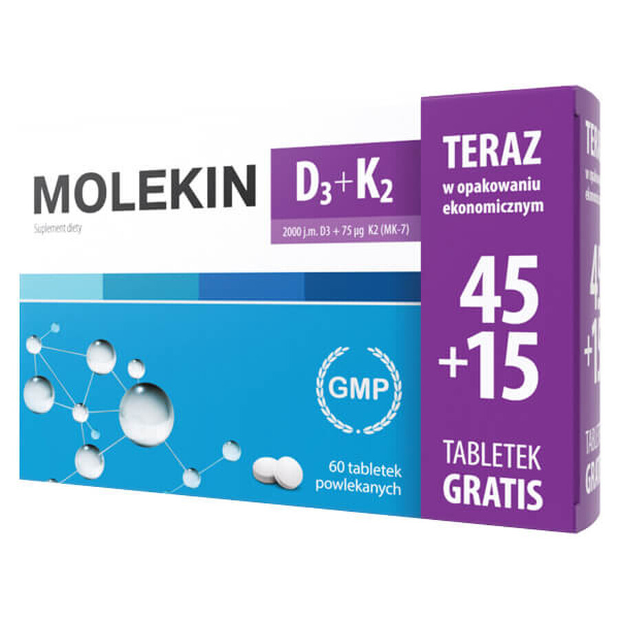 Molekin D3 + K2, vitamina D 2000 UI + vitamina K 75 µg, 45 comprimate filmate + 15 comprimate gratuite