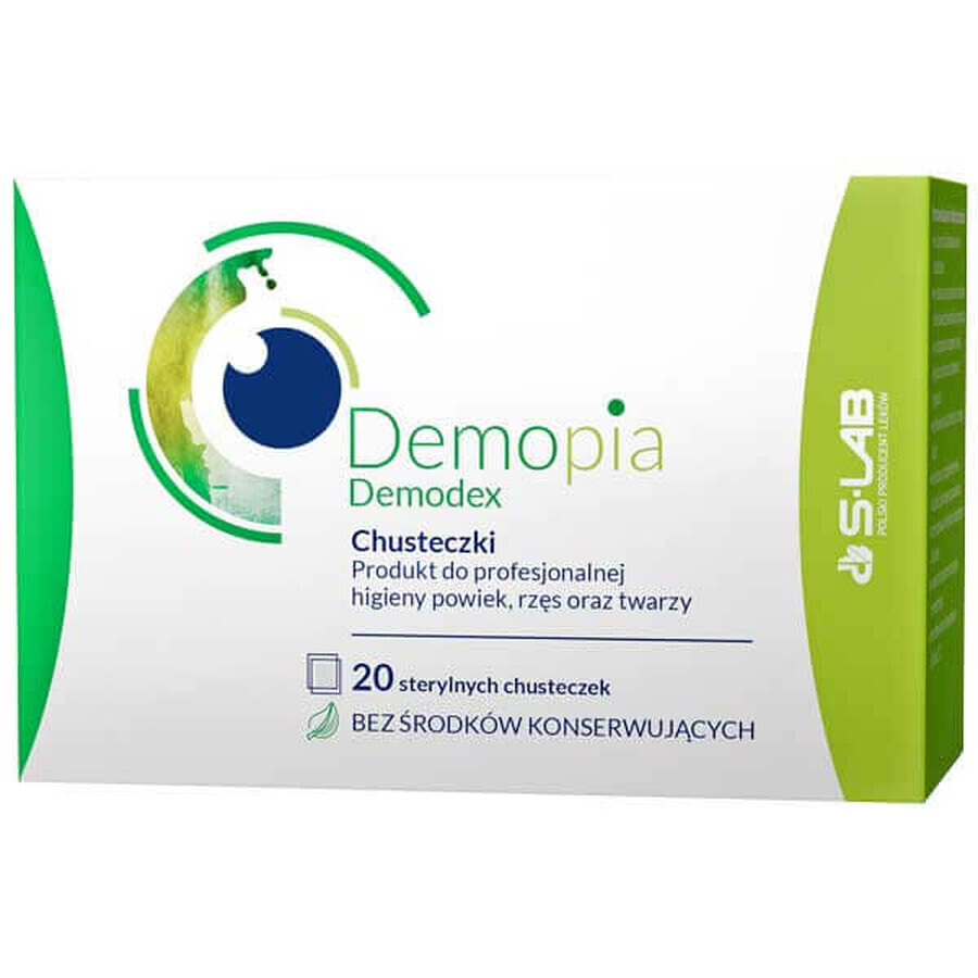 Demopia Demodex, șervețele pentru igiena profesională a pleoapelor, genelor și feței, 20 bucăți
