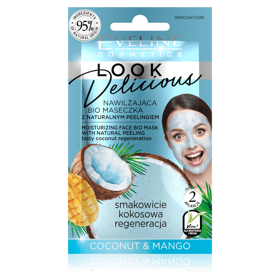 Eveline Cosmetics Look Delicious, Mască de față bio hidratantă cu peeling natural, nucă de cocos și mango, 10 ml