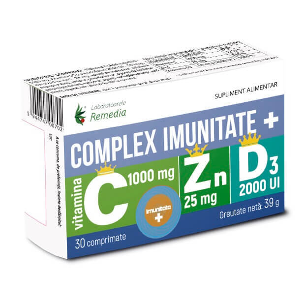vitamina c 1000 mg + vitamina d3 si zinc Complex imunitate + Vitamina C 1000 mg + Zinc 25 mg + Vitamina D3 2000 UI, 30 comprimate, Remedia