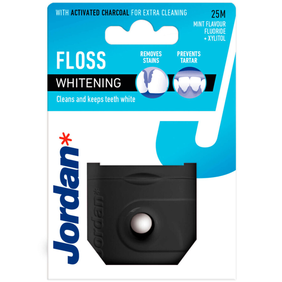 Jordan Whitening Dental Floss, tandzijde met fluoride, xylitol en actieve kool, mint, 25 m