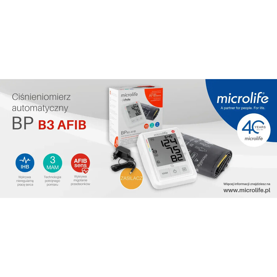 Microlife BP B3 AFIB, monitor automat de tensiune arterială pentru brațul superior cu sursă de alimentare