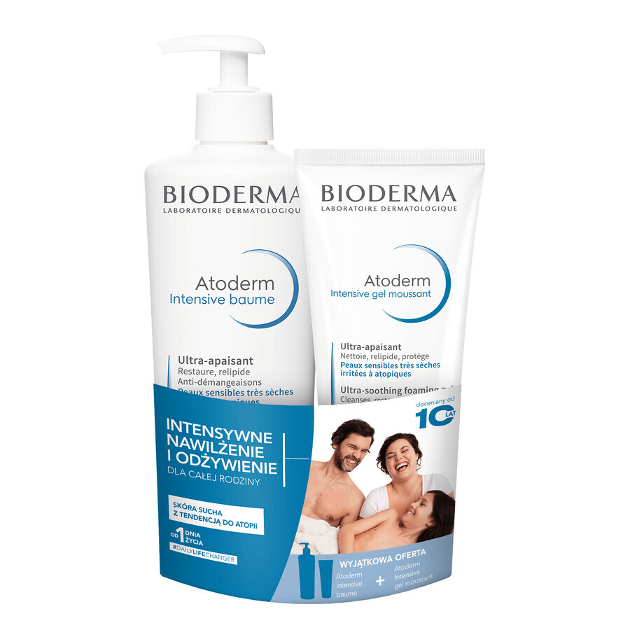 Set Bioderma Atoderm, loțiune emolientă calmantă, 500 ml + gel de curățare, care reduce mâncărimile pielii, 200 ml