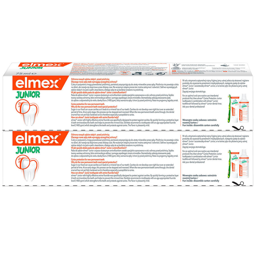 Elmex Junior, dentifrice avec aminofluorure, 6-12 ans, 2 x 75 ml (TWO-PACK) EMBALLAGE BRISÉ