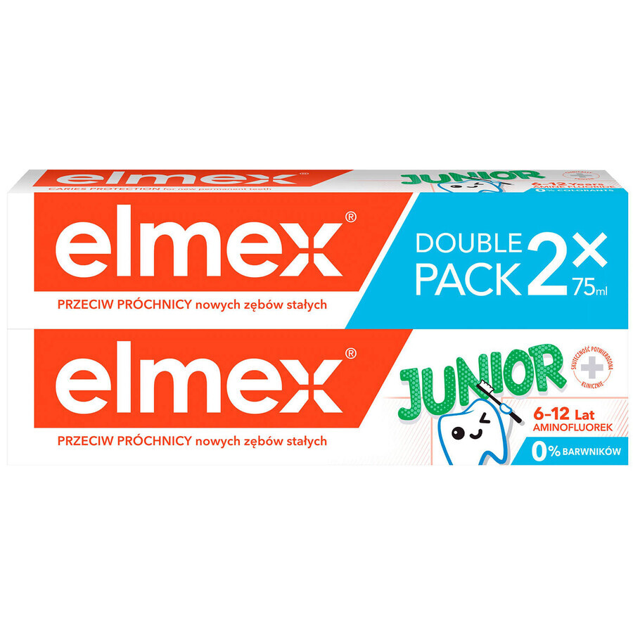 Elmex Junior, dentifrice avec aminofluorure, 6-12 ans, 2 x 75 ml (TWO-PACK) EMBALLAGE BRISÉ