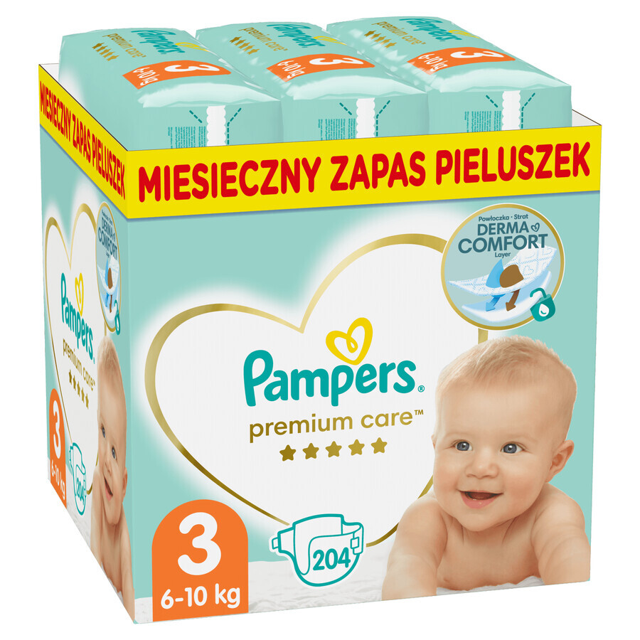 Pampers Premium Care, couches taille 3, 6-10 kg, 204 pièces EMBALLAGE DEFECTUEUX