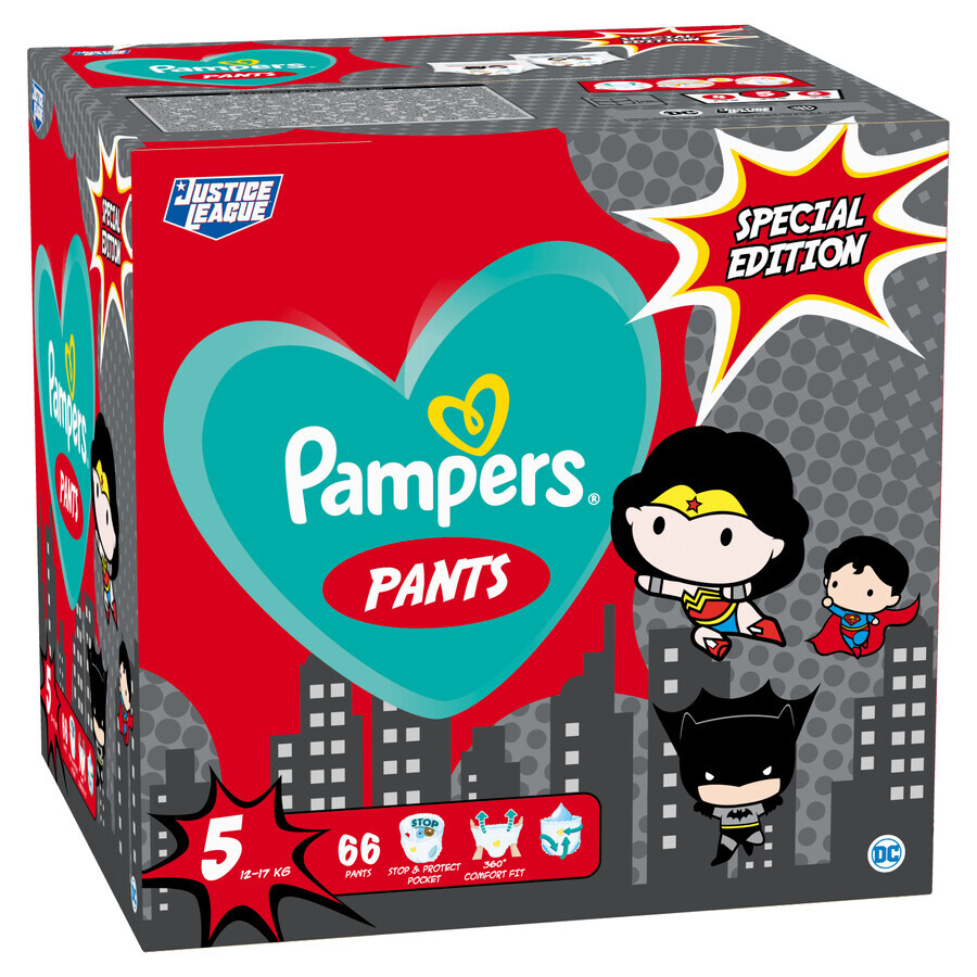 Pampers Pants, couches, Justice League, taille 5, 12-17 kg, 66 pièces SHORT DATE