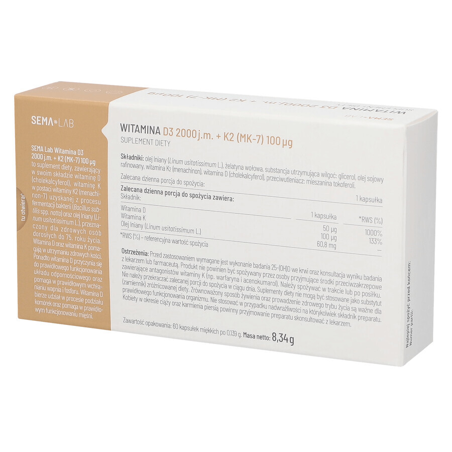 SEMA Lab Vitamina D3 2000 UI + K2 (MK-7) 100 µg, 60 capsule molli A BREVE DURATA