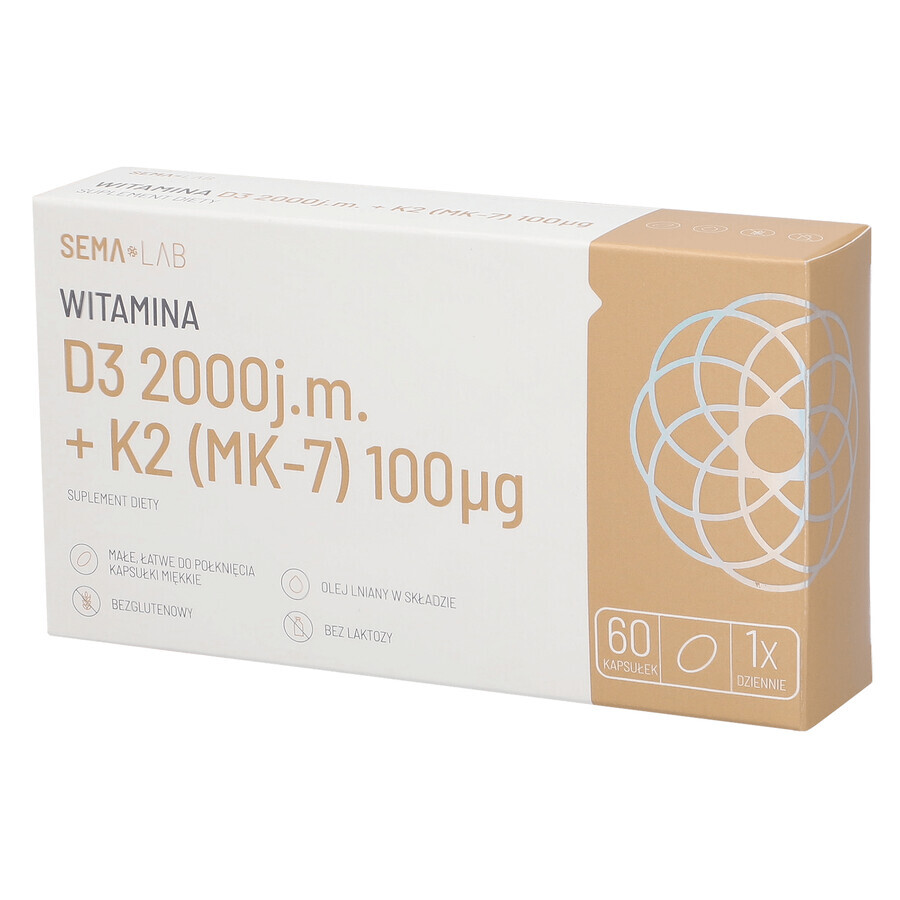 SEMA Lab Vitamina D3 2000 UI + K2 (MK-7) 100 µg, 60 capsule molli A BREVE DURATA