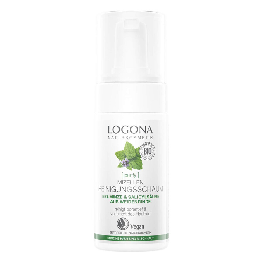 Logona Purify, mousse nettoyante micellaire à la menthe bio et à l'acide salicylique, peaux mixtes et impures, 100 ml SHORT DATE