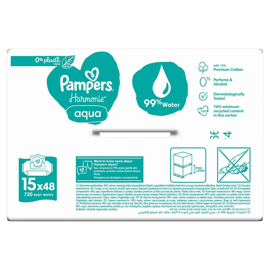 Pampers Harmonie Aqua, lingettes humides, 15 x 48 pièces EMBALLAGE DEFECTUEUX