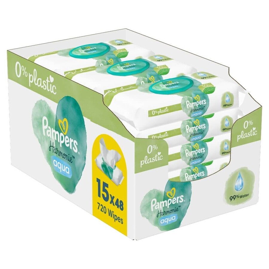 Pampers Harmonie Aqua, lingettes humides, 15 x 48 pièces EMBALLAGE DEFECTUEUX