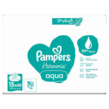 Pampers Harmonie Aqua, lingettes humides, 15 x 48 pièces EMBALLAGE DEFECTUEUX