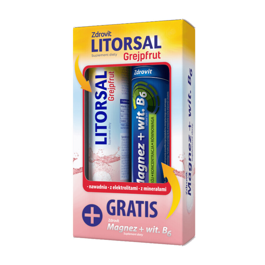 Zdrovit Litorsal Grapefruit, aromă de grapefruit, 24 comprimate efervescente + Zdrovit Magneziu + Vitamina B6, aromă de lămâie, 24 comprimate efervescente ambalaje gratuite