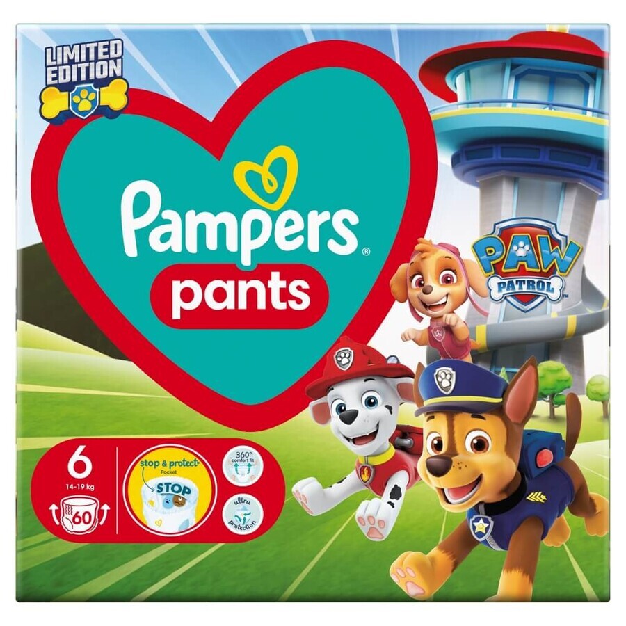 Pampers Pants, couches-culottes, Psi Patrol, taille 6, 14-19 kg, 60 pièces EMBALLAGE DEFECTUEUX