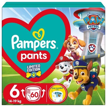 Pampers Pants, couches-culottes, Psi Patrol, taille 6, 14-19 kg, 60 pièces EMBALLAGE DEFECTUEUX