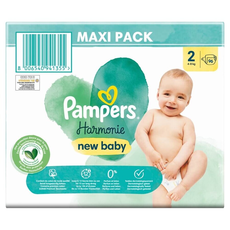 Pampers Harmonie, couches taille 2, 4-8 kg, 96 pcs EMBALLAGE DEFECTUEUX