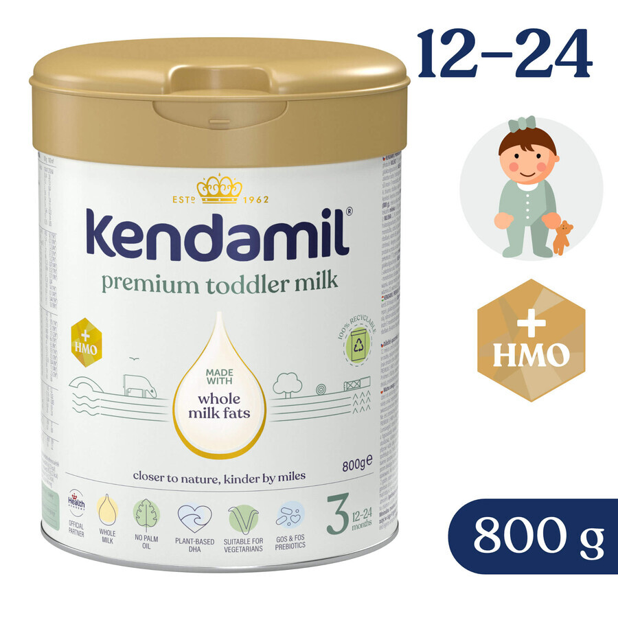 Kendamil Premium 3 HMO+, latte per bambini, dopo i 12 mesi, confezione da 800 g DEFECTED