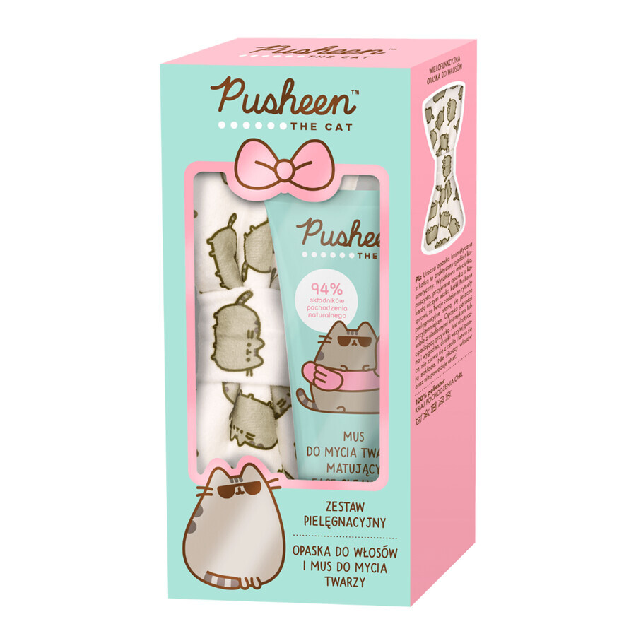 Set Pusheen, cinta cosmética para el cabello + mousse limpiadora facial matificante, 100 ml SHORT DATE